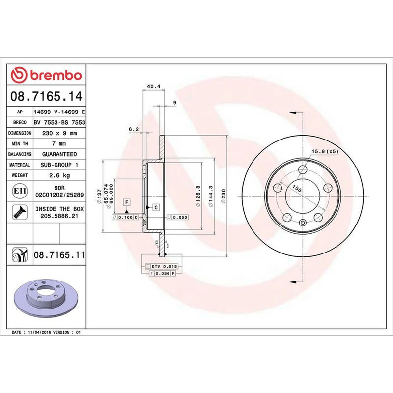 Brembo 2 x Solid Rear Brake Discs 08.7165.11-x2