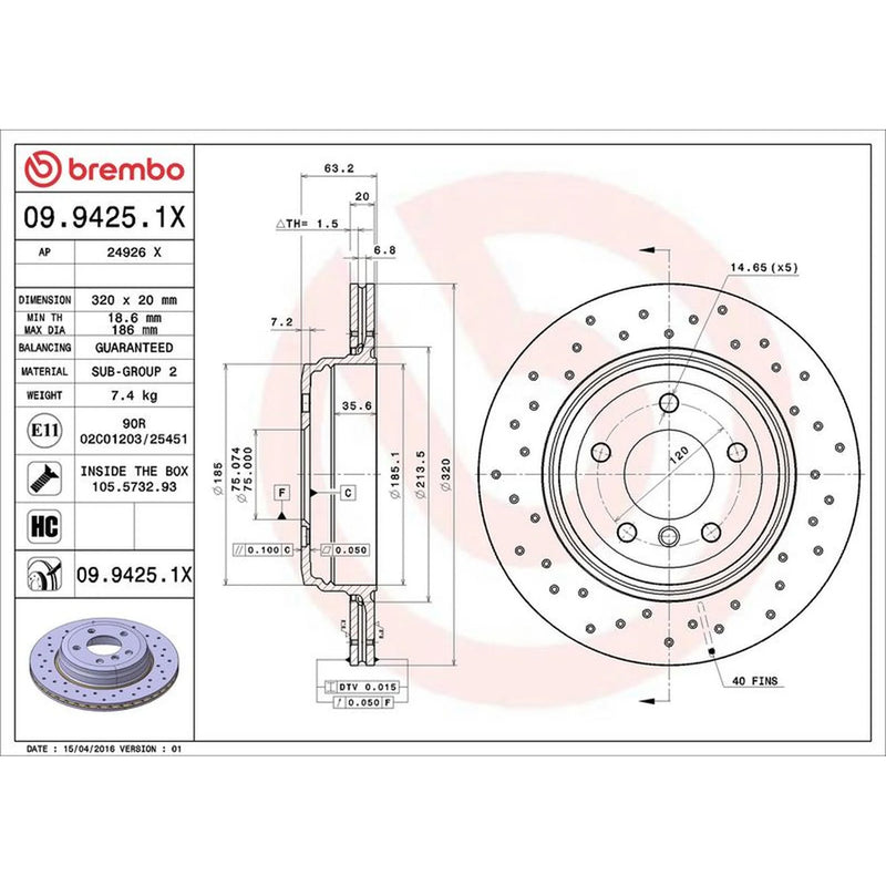 Brembo Xtra 2 x Perforated/Vented Rear Brake Discs 09.9425.1X-x2