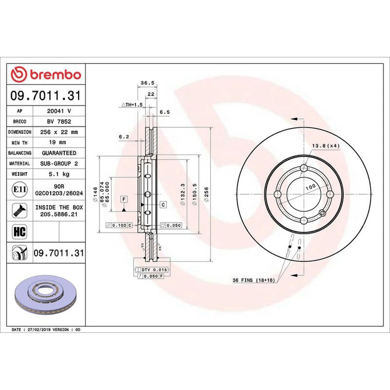 Brembo 2 x Vented Front Brake Discs 09.7011.31-x2