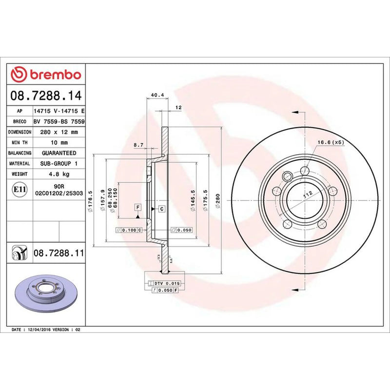Brembo 2 x Solid Rear Brake Discs 08.7288.11-x2