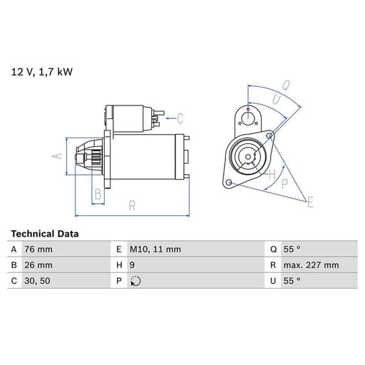 Bosch Starter Motor 12V 1.7kW 9 Teeth 0 986 022 010
