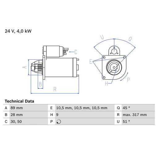 Bosch Starter Motor 24V 4kW 9 Teeth 0 986 021 000