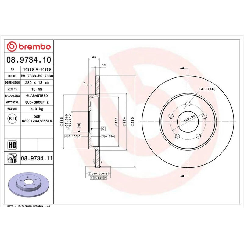 Brembo 2 x Solid Rear Brake Discs 08.9734.11-x2