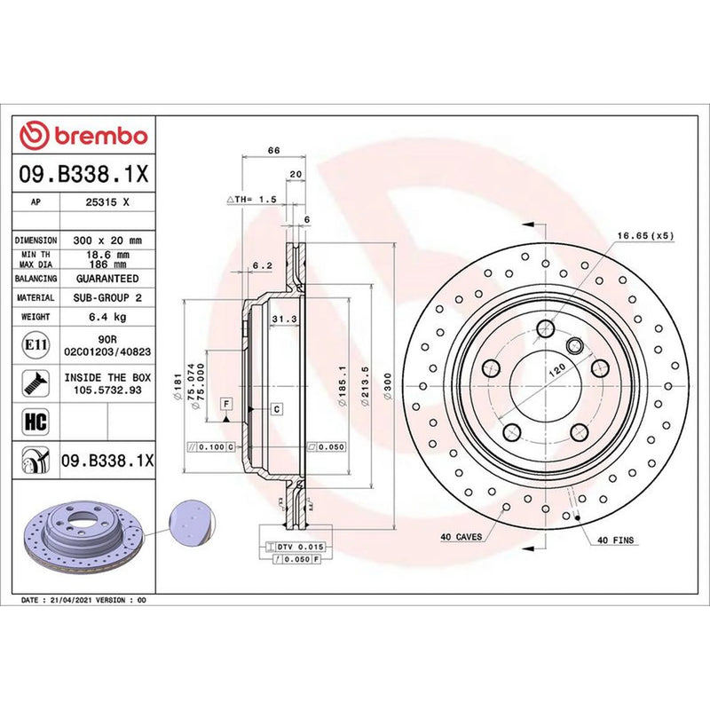 Brembo Xtra 2 x Perforated/Vented Rear Brake Discs 09.B338.1X-x2