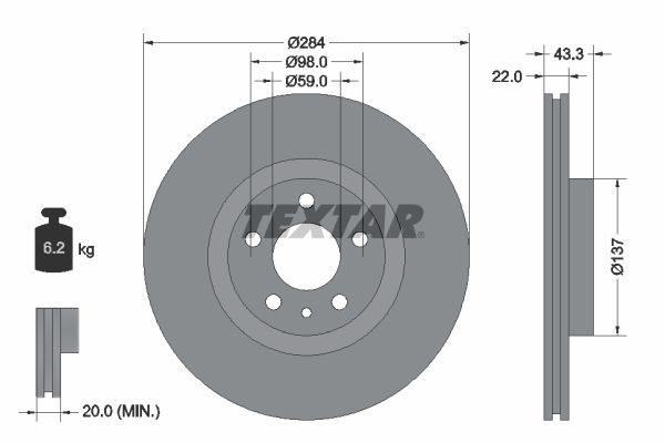 Textar 1 x Vented 284mm Brake Disc 92252803