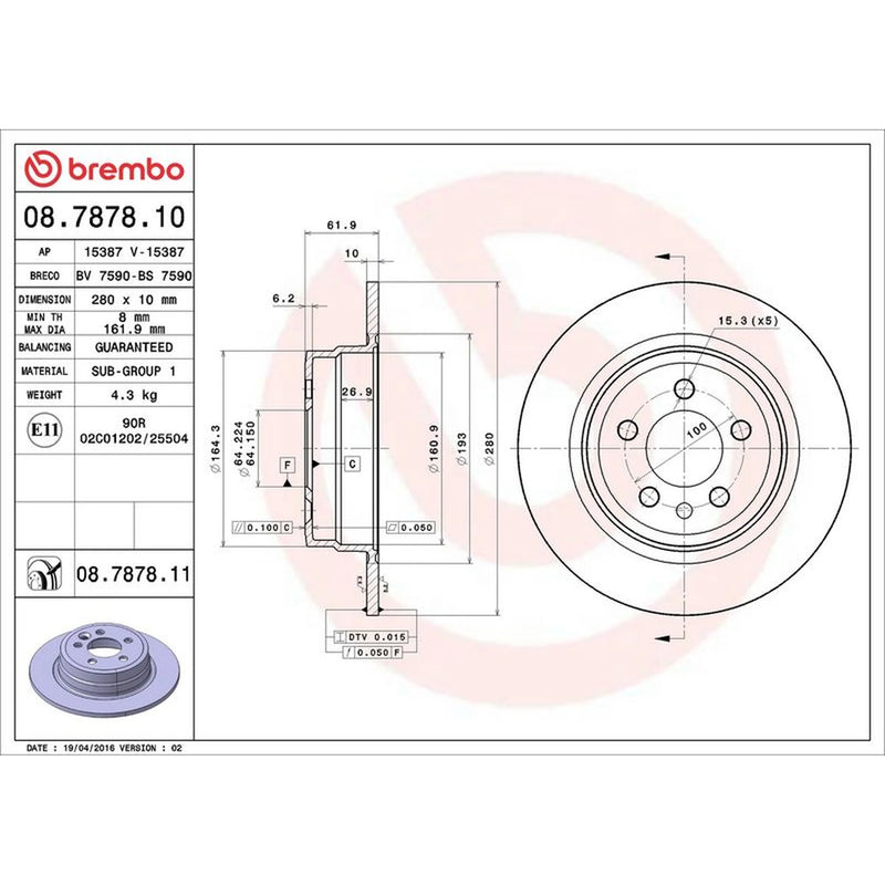 Brembo 2 x Solid Rear Brake Discs 08.7878.11-x2