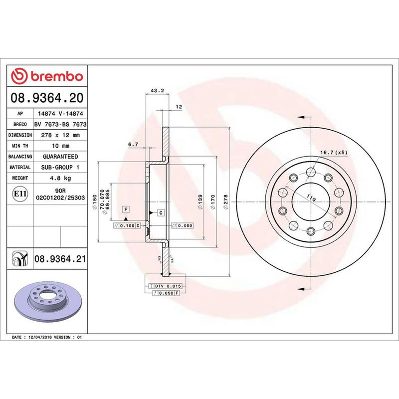 Brembo 2 x Solid Rear Brake Discs 08.9364.21-x2