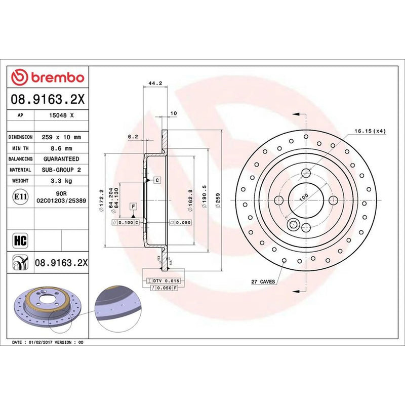Brembo 2 x Perforated Rear Brake Discs 08.9163.2X-x2