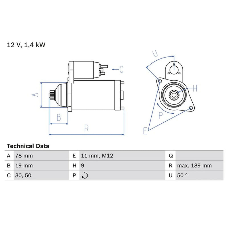 Bosch Starter Motor 12V 1.4kW 9 Teeth 0 986 018 321