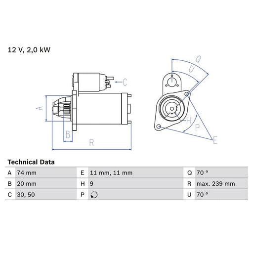 Bosch Starter Motor 12V 2kW 9 Teeth 0 986 022 440