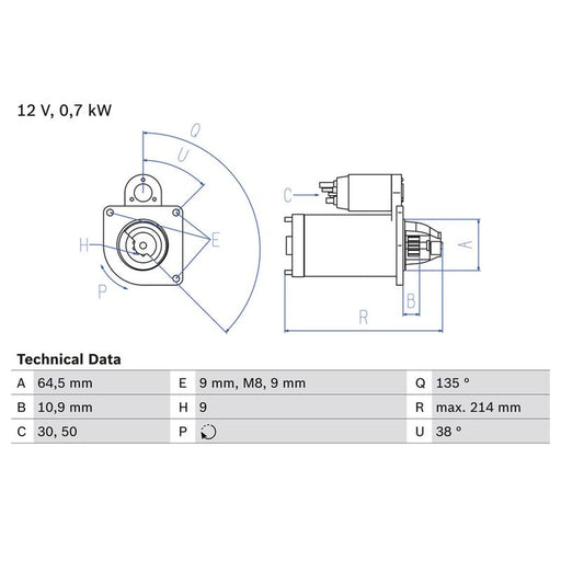 Bosch Starter Motor 12V 0.7kW 9 Teeth 0 986 017 030
