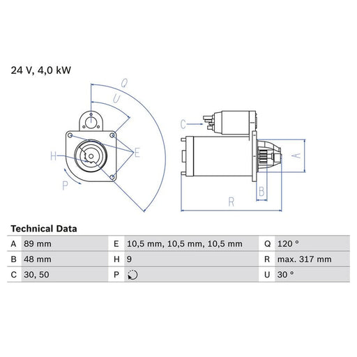 Bosch Starter Motor 24V 4kW 9 Teeth 0 986 017 990
