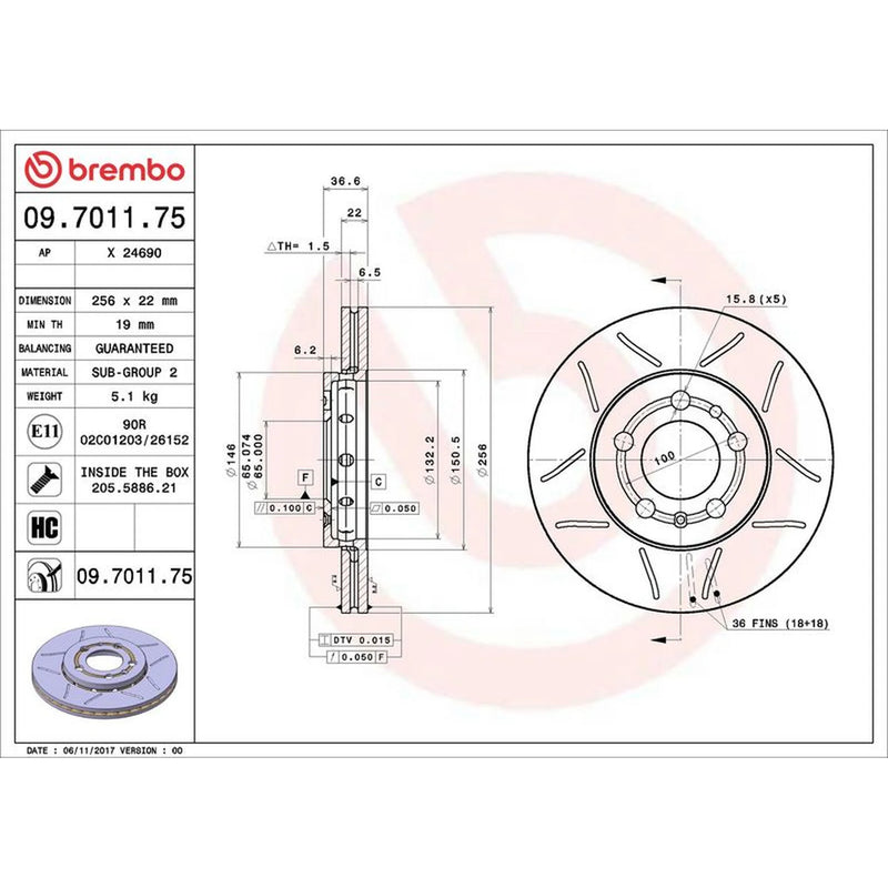 Brembo 2 x Slotted Front Brake Discs 09.7011.75-x2