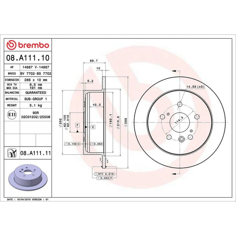 Brembo 2 x Solid Rear Brake Discs 08.A111.11-x2
