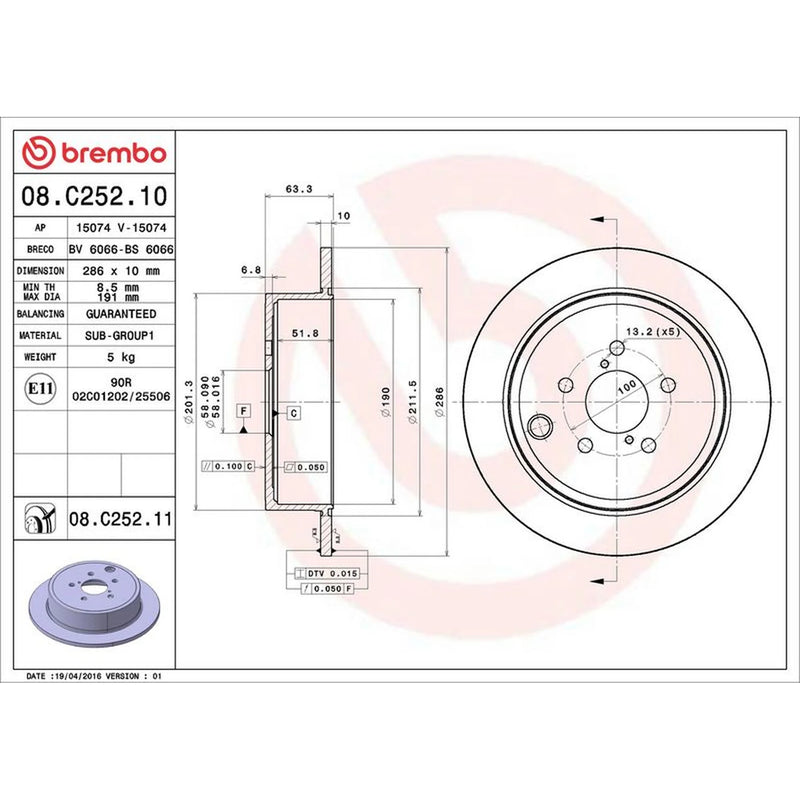 Brembo 2 x Solid Rear Brake Discs 08.C252.11-x2