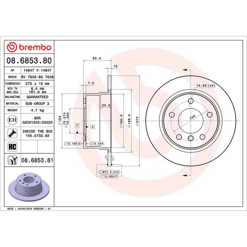 Brembo 2 x Solid Rear Brake Discs 08.6853.81-x2