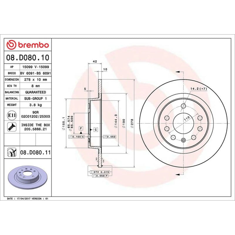 Brembo 2 x Solid Rear Brake Discs 08.D080.11-x2