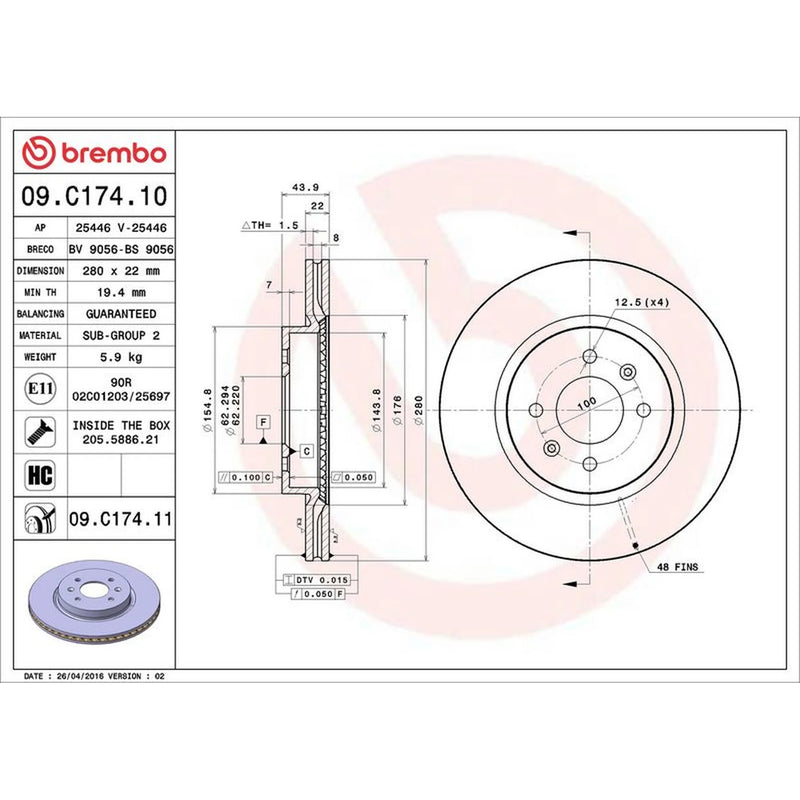 Brembo 2 x Vented Front Brake Discs 09.C174.11-x2