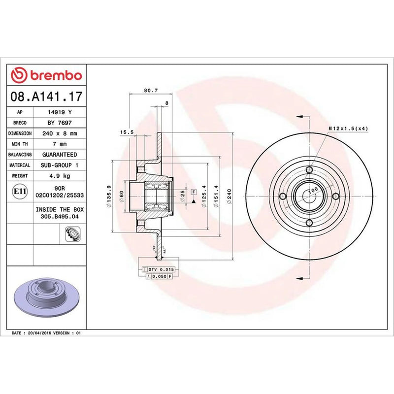 Brembo 2 x Solid Rear Brake Discs 08.A141.17-x2