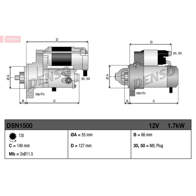 Denso Starter Motor 12V 1.7kW 13 Teeth DSN1500