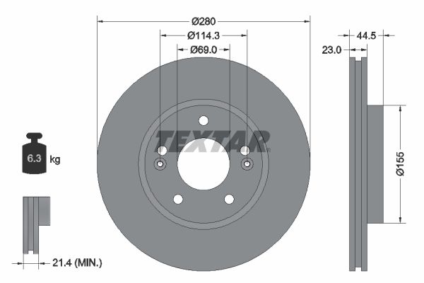 Textar 1 x Vented 280mm Brake Disc 92243103