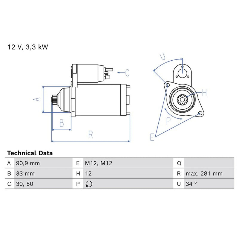 Bosch Starter Motor 12V 3.3kW 12 Teeth 0 986 027 650