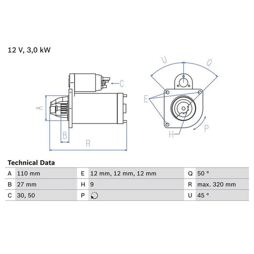 Bosch Starter Motor 12V 3kW 9 Teeth 0 986 018 980