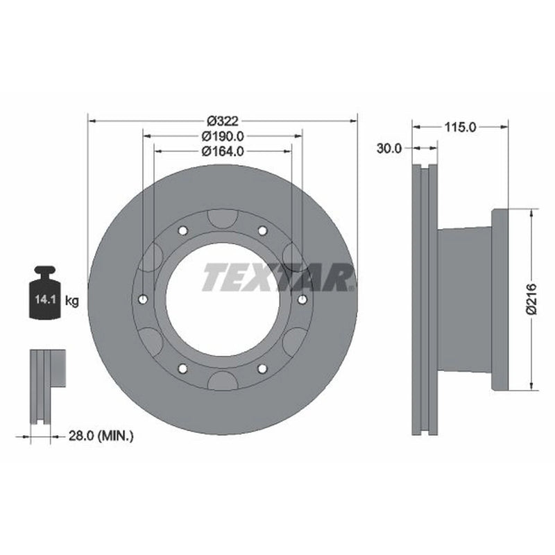 Textar 2 x Internally Vented Rear Brake Discs 93128200-x2