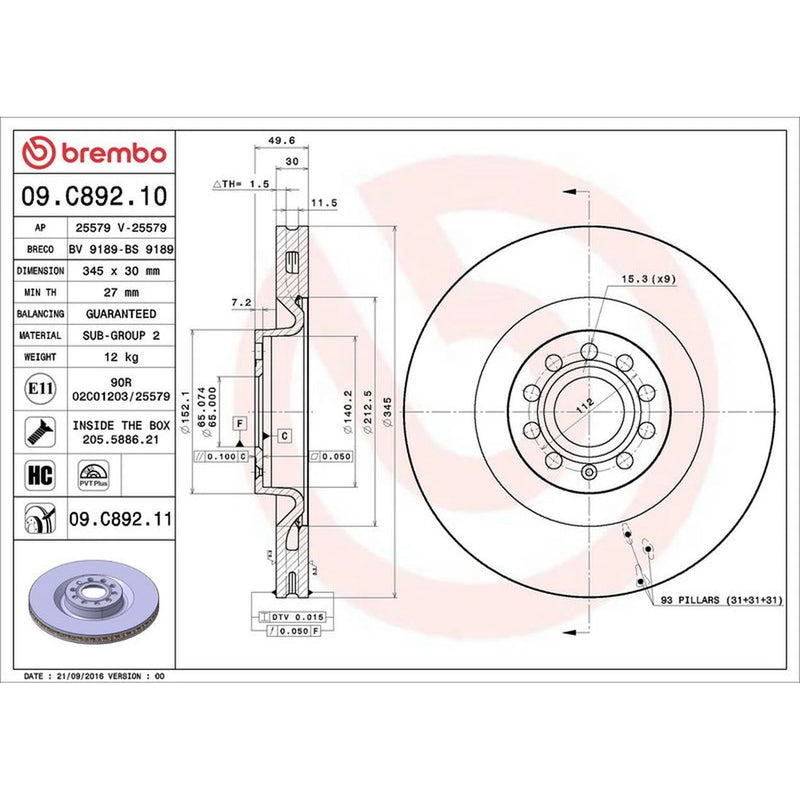 Brembo 2 x Vented Front Brake Discs 09.C892.11-x2