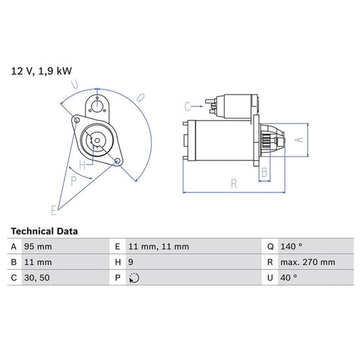 Bosch Starter Motor 12V 1.9kW 9 Teeth 0 986 016 740