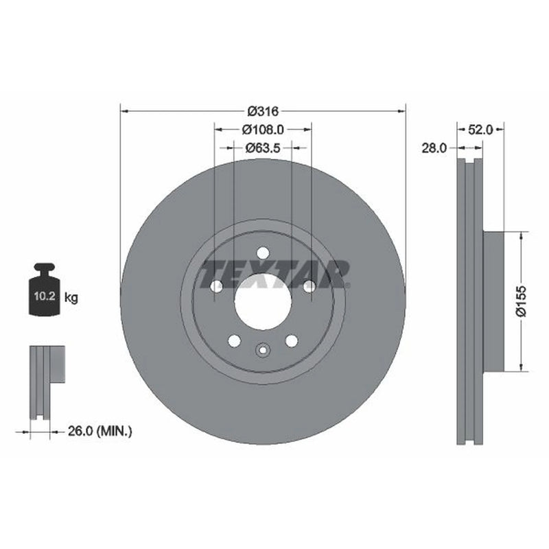Textar 2 x Externally Vented Brake Discs 92162303