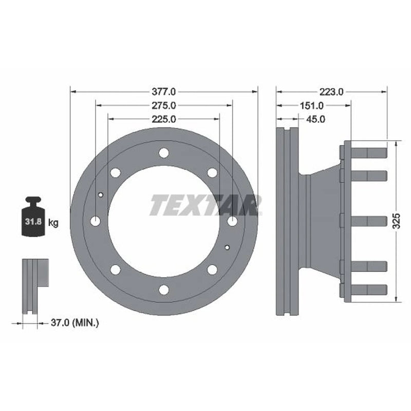 Textar 2 x Internally Vented Rear Brake Discs 93188600-x2