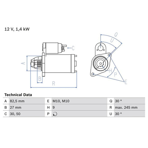 Bosch Starter Motor 12V 1.4kW 9 Teeth 0 986 013 010