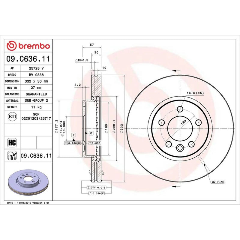 Brembo 2 x Vented Front Brake Discs 09.C636.11-x2