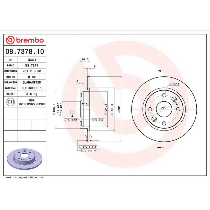Brembo 2 x Solid Rear Brake Discs 08.7378.10-x2
