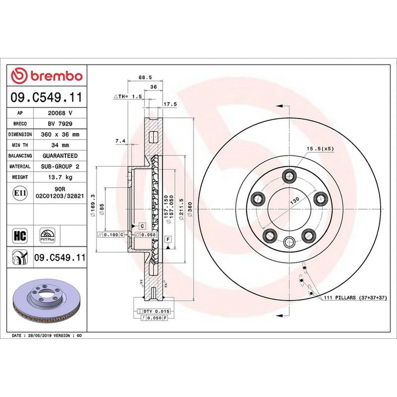 Brembo 2 x Vented Front Brake Discs 09.C549.11-x2