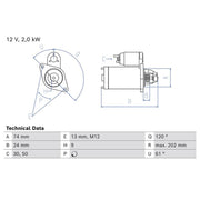 Bosch Starter Motor 12V 2kW 9 Teeth 0 986 026 750