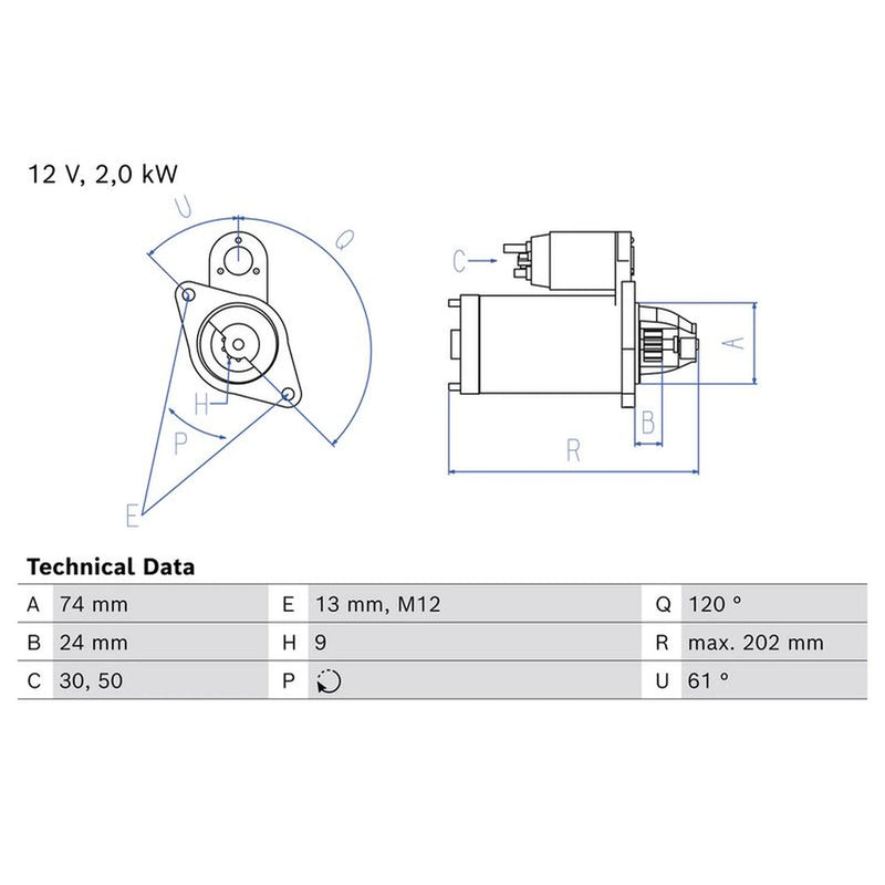Bosch Starter Motor 12V 2kW 9 Teeth 0 986 026 750