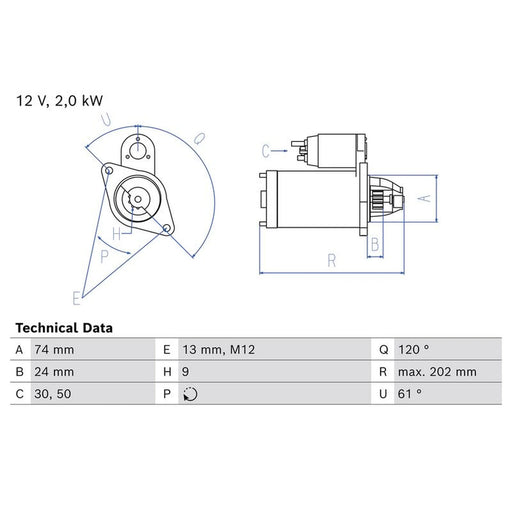 Bosch Starter Motor 12V 2kW 9 Teeth 0 986 026 750