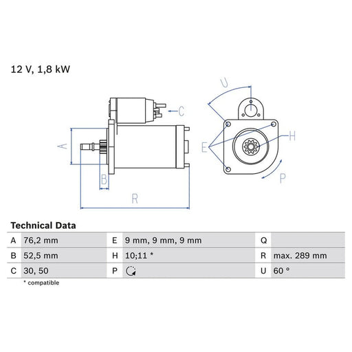 Bosch Starter Motor 12V 1.8kW 10 Teeth 0 986 016 190