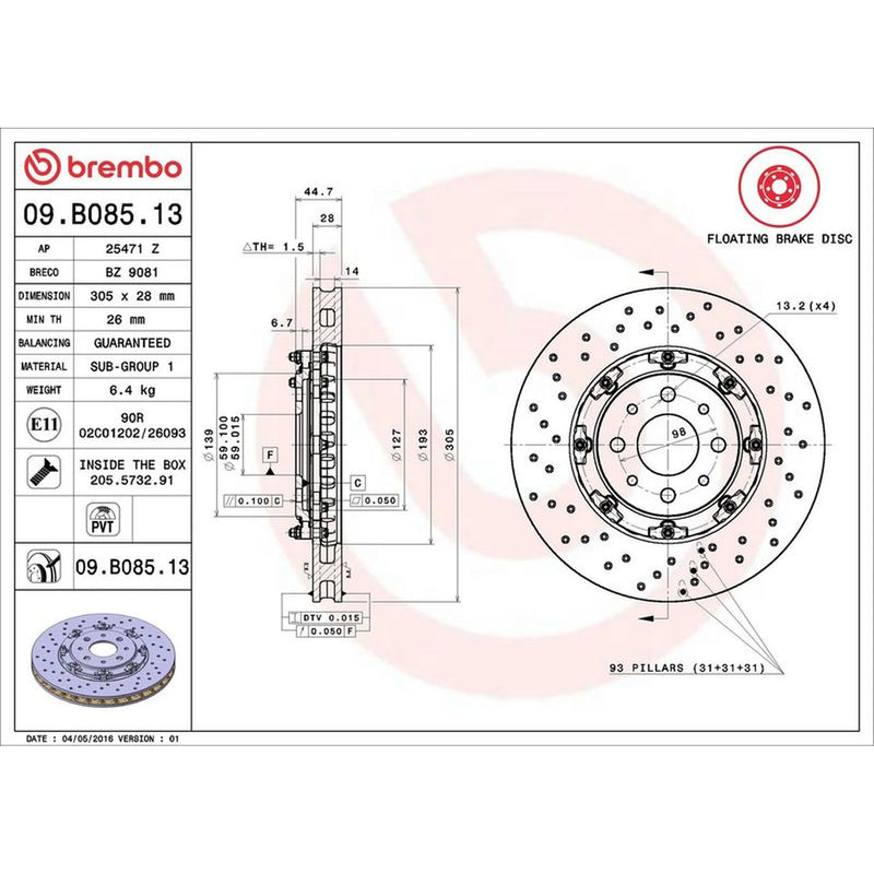 Brembo 2 x Aluminium Front Brake Disc Hub Brake Discs 09.B085.13-x2