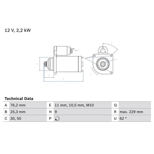 Bosch Starter Motor 12V 2.2kW 9 Teeth 0 986 024 050