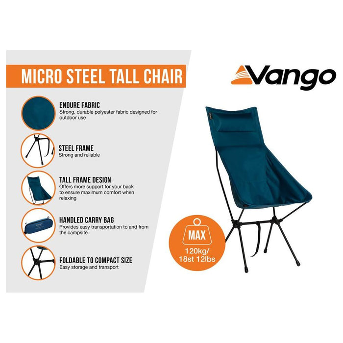 Vango Micro Steel Collapsible TALL Camping Chair with Storage Bag - Mykonos Blue - Vango - Van Life Living