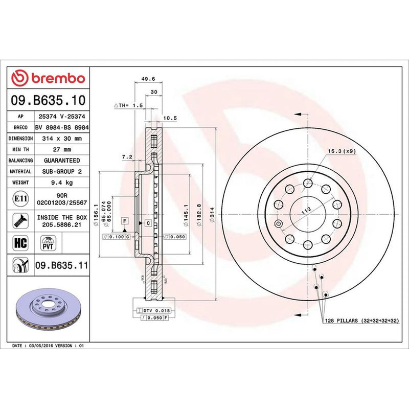 Brembo 2 x Vented Front Brake Discs 09.B635.11-x2