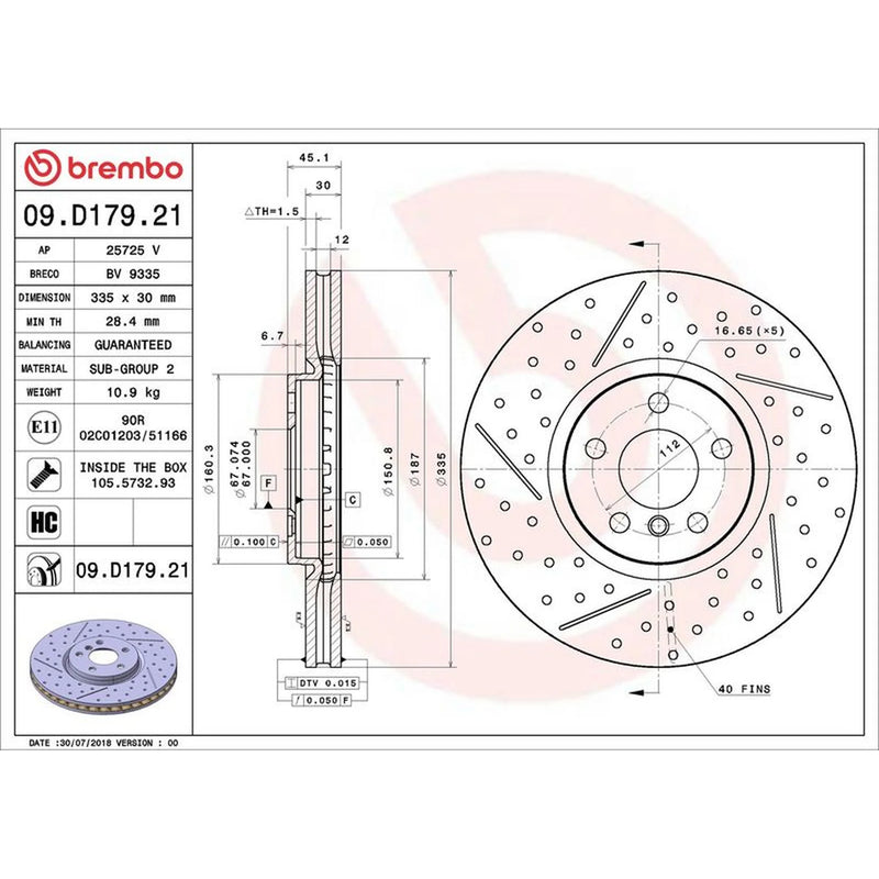 Brembo 2 x Slotted/Perforated Front Brake Discs 09.D179.21-x2