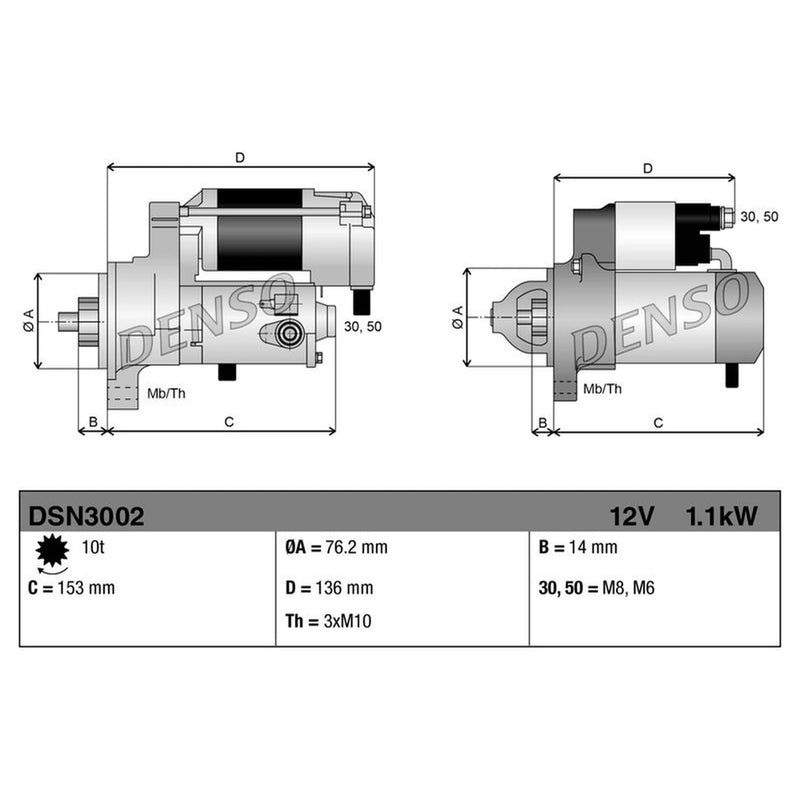 Denso Starter Motor 12V 1.1kW 10 Teeth DSN3002