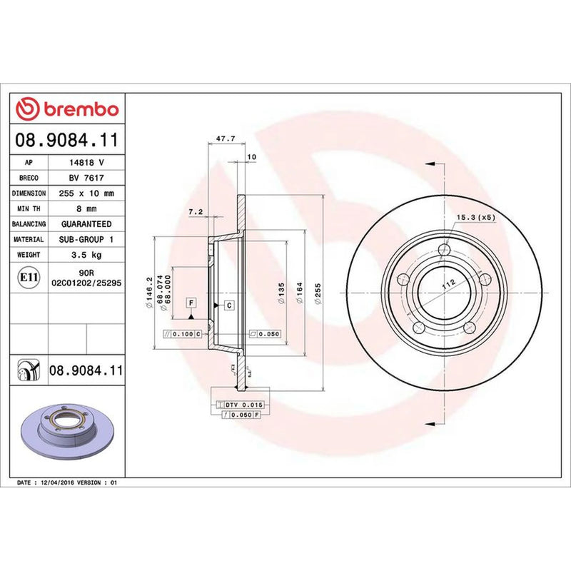 Brembo 2 x Solid Rear Brake Discs 08.9084.11-x2