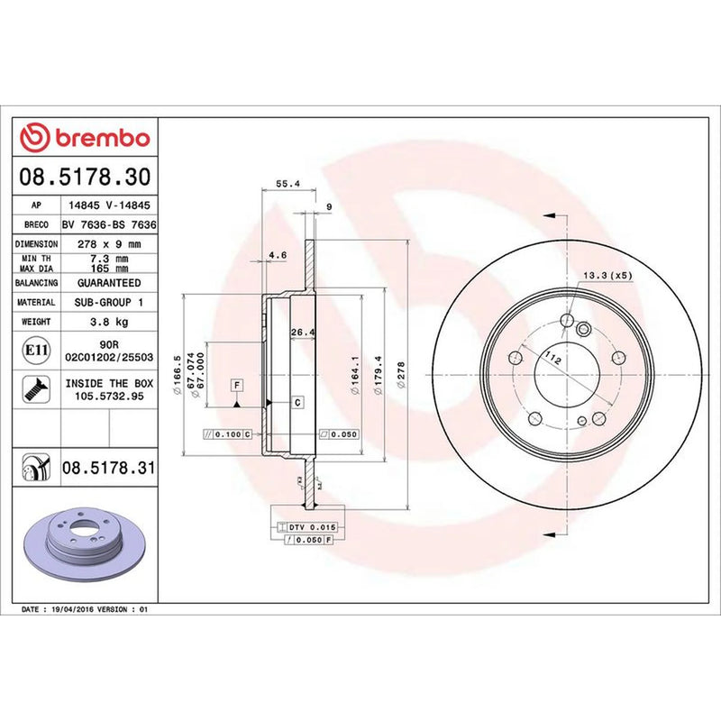 Brembo 2 x Solid Rear Brake Discs 08.5178.31-x2