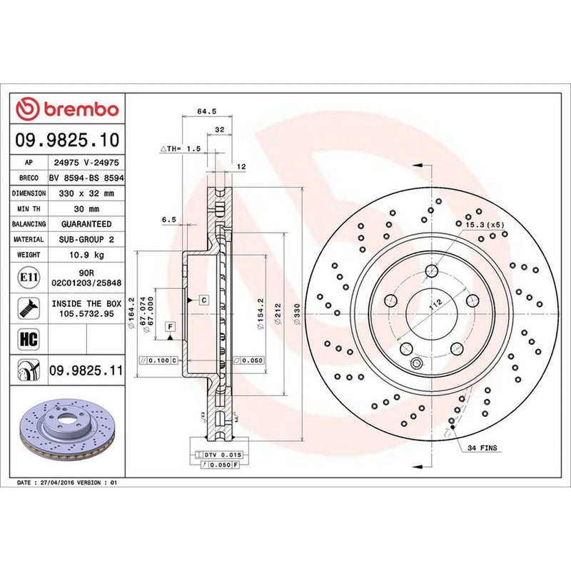 Brembo 2 x Perforated/Vented Front Brake Discs 09.9825.11-x2