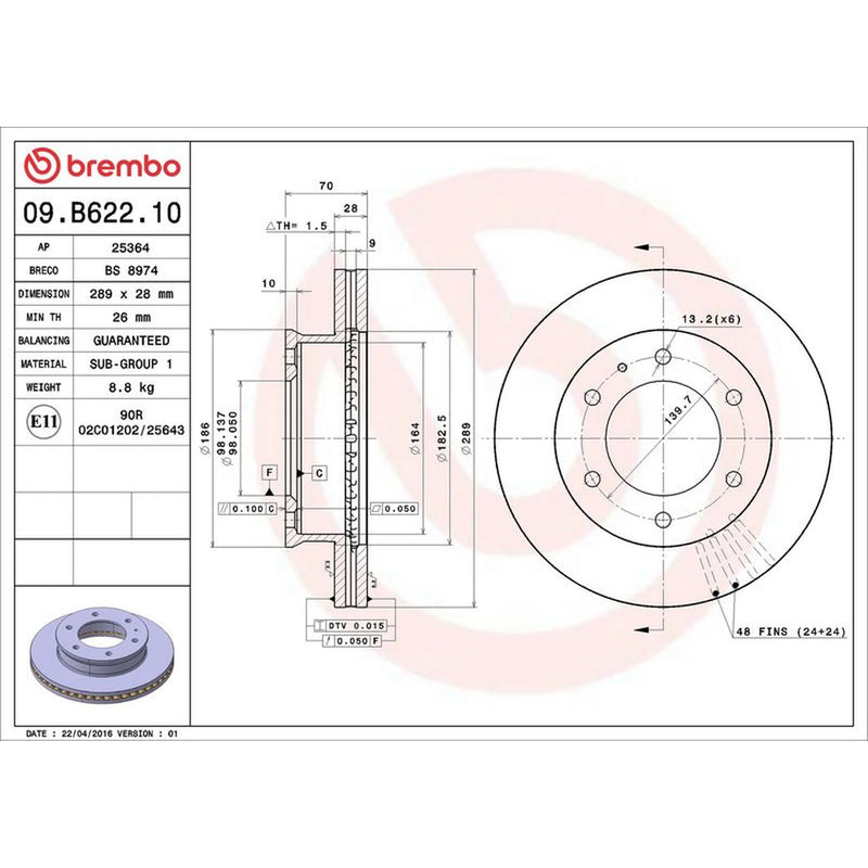 Brembo 2 x Vented Front Brake Discs 09.B622.10-x2